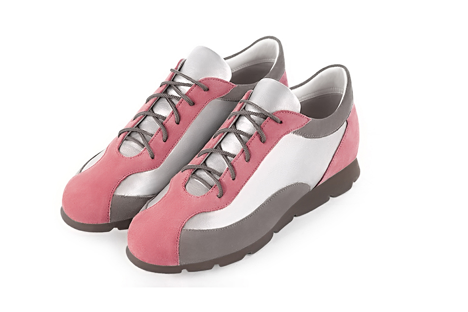 Carnation pink, light silver and pebble grey women's two-tone elegant sneakers. Round toe. Flat rubber soles. Front view - Florence KOOIJMAN